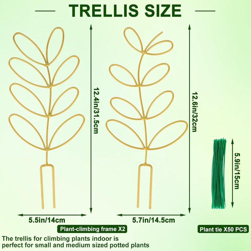 Augsun 2 Pcs Gold Trellis Leaf Shape 12 Inch Metal Plant Support with 50 Ties for Climbing Potted Plants Houseplant Garden Indoor Outdoor - Image 2
